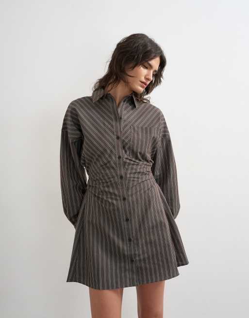Topshop - Vestito camicia a maniche lunghe bordeaux a righe stretto in vita, 3 di 4