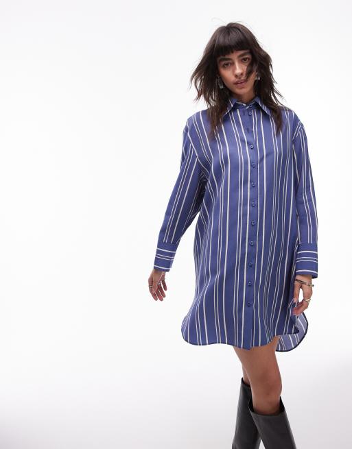 Topshop - Vestito camicia corto blu a righe con orlo asimmetrico