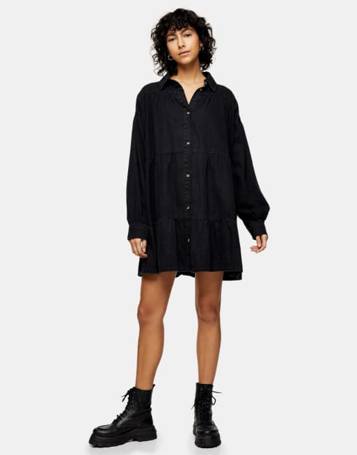 Topshop - Vestito camicia corto di jeans nero a balze