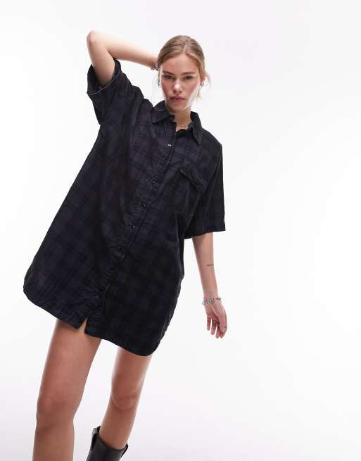 Topshop - Vestito camicia corto in velluto a coste blu navy slavato a quadri