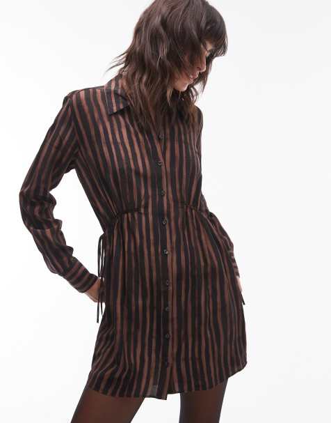Topshop - Vestito camicia corto marrone con stampa a righe e arricciatura laterale - view 1