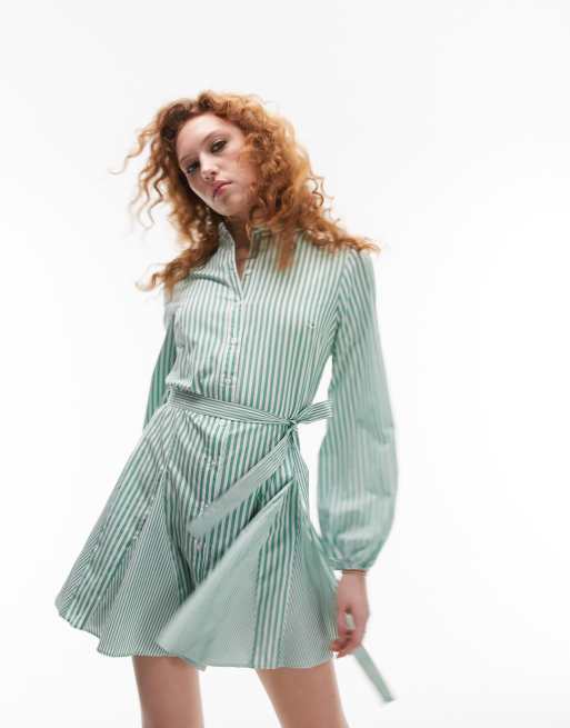 Topshop - Vestito camicia corto verde e bianco a righe con nodo sul davanti