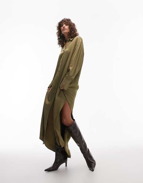 Topshop - Vestito camicia lungo in raso premium kaki con fondo allungato - view 1