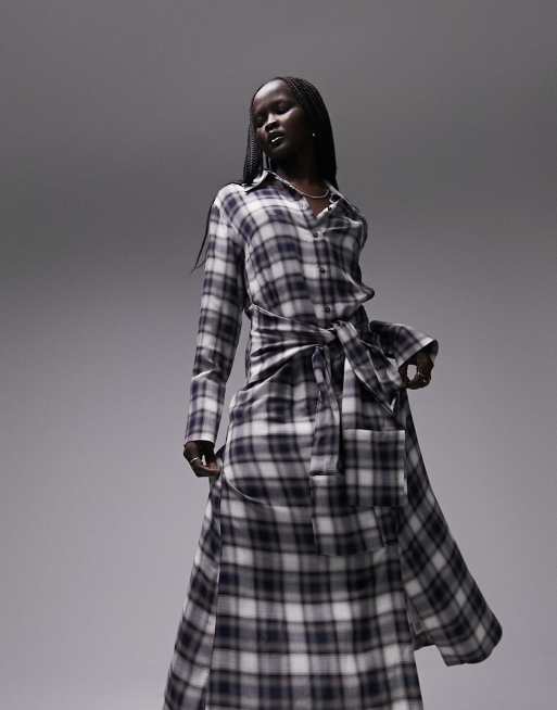 Topshop - Vestito camicia midi a quadri allacciato sul davanti