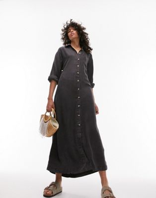 Topshop acid wash denim look midi shirt dress with cut out back in charcoal - ASOS Price Checker