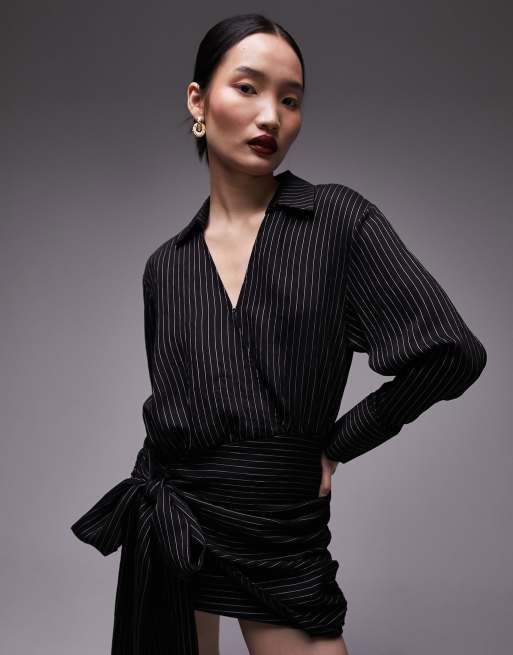Topshop - Vestito camicia monocromatico gessato a portafoglio