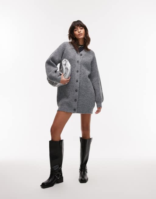 Topshop - Vestito cardigan in maglia soffice color antracite con scollo a V alto