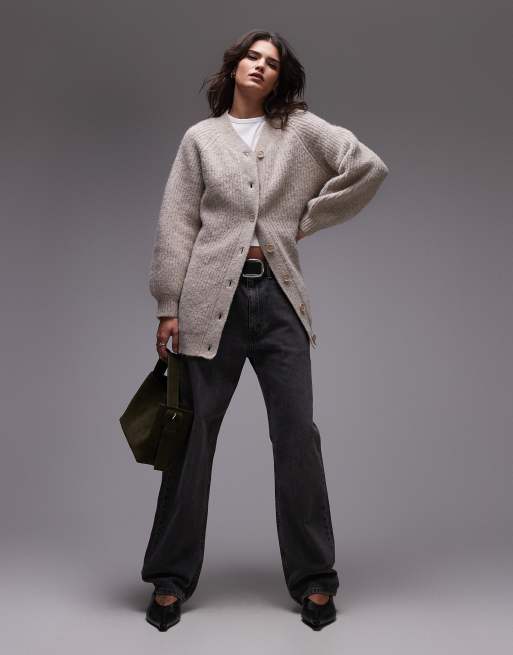 Topshop - Vestito cardigan in maglia soffice color avena con scollo a V alto