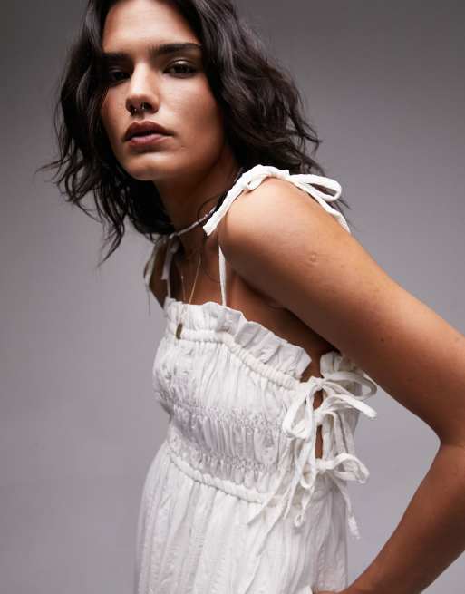 Topshop - Vestito color avorio testurizzato con lacci e arricciature