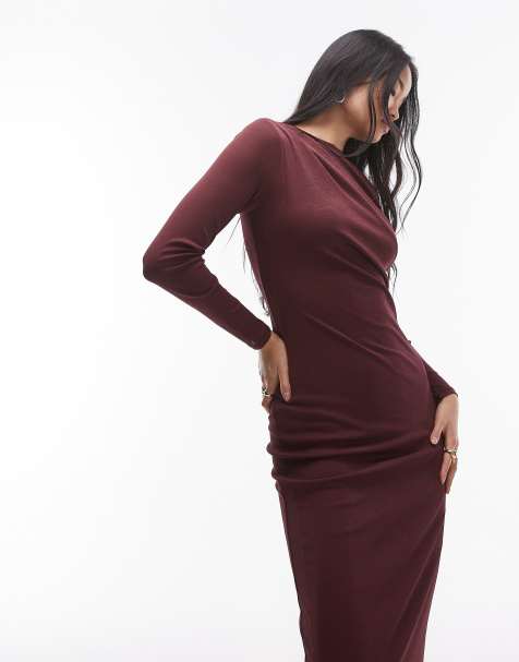 Topshop - Vestito con gonna al polpaccio bordeaux intrecciato a maniche lunghe - view 1
