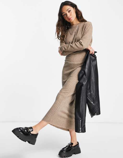 Topshop - Vestito con gonna al polpaccio color pietra cut and sew