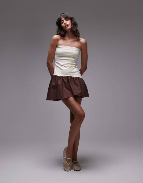 Topshop - Vestito corto a fascia in popeline écru e marrone - view 1