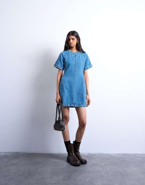 Topshop - Vestito corto a maniche corte strutturato in denim blu medio - view 1