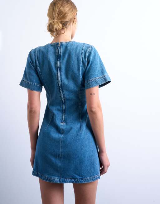 Topshop - Vestito corto a maniche corte strutturato in denim blu medio, 3 di 4