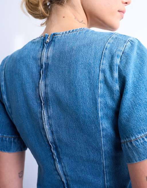 Topshop - Vestito corto a maniche corte strutturato in denim blu medio, 4 di 4