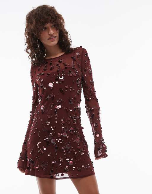 Topshop - Vestito corto a maniche lunghe bordeaux decorato