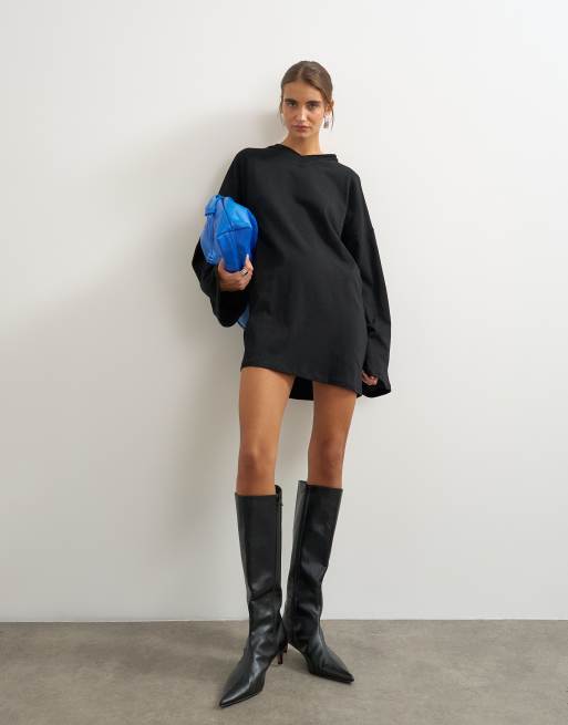 Topshop vestito corto a maniche lunghe in jersey di cotone con scollo a V alto nero, 2 di 4
