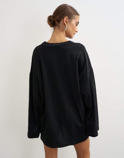 Topshop vestito corto a maniche lunghe in jersey di cotone con scollo a V alto nero, 4 di 4