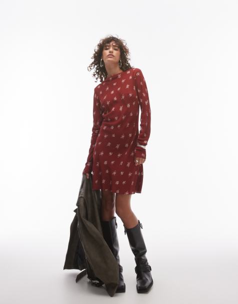 Topshop - Vestito corto a maniche lunghe ruggine a fiori con scollo dritto - view 1