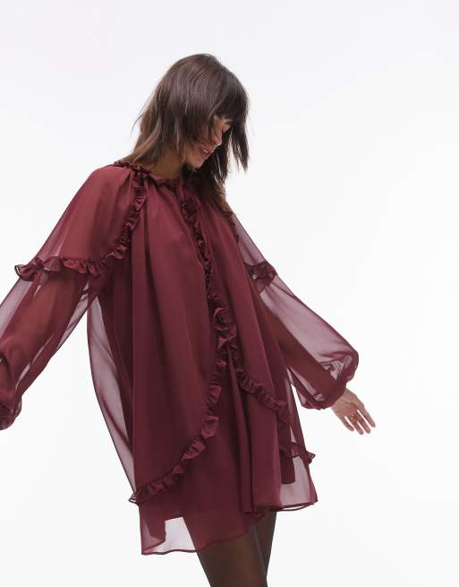 Topshop - Vestito corto a trapezio bordeaux con volant