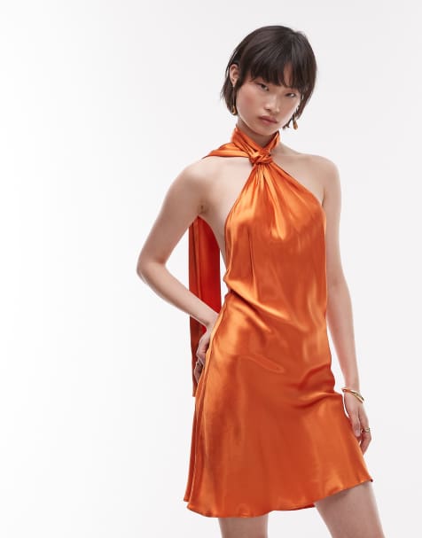 Topshop - Vestito corto allacciato al collo in raso color ruggine - view 1