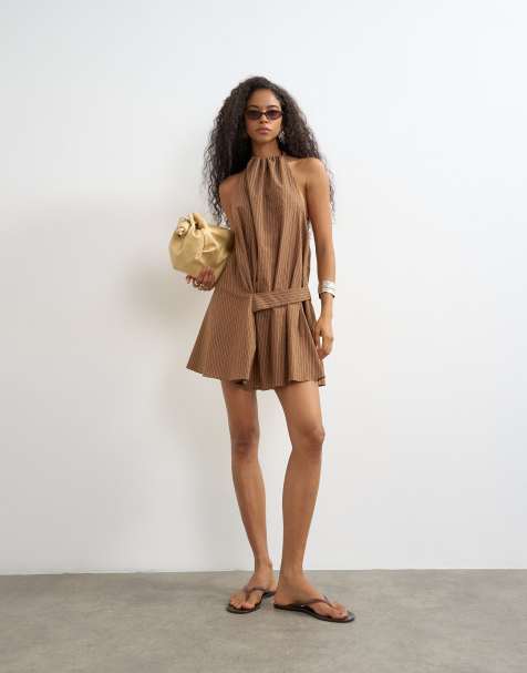Topshop - Vestito corto allacciato al collo marrone a righe con dettaglio con linguetta raccolto sul lato - view 1