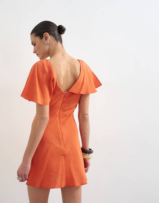 Topshop - Vestito corto arancione asimmetrico con volant, 4 di 4