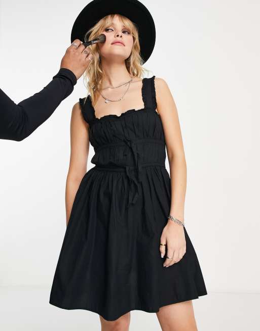 Topshop - Vestito corto arricciato morbido in popeline nero con coulisse