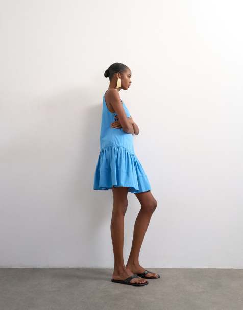 Topshop - Vestito corto blu in popeline con vita scesa e scollo squadrato - view 1