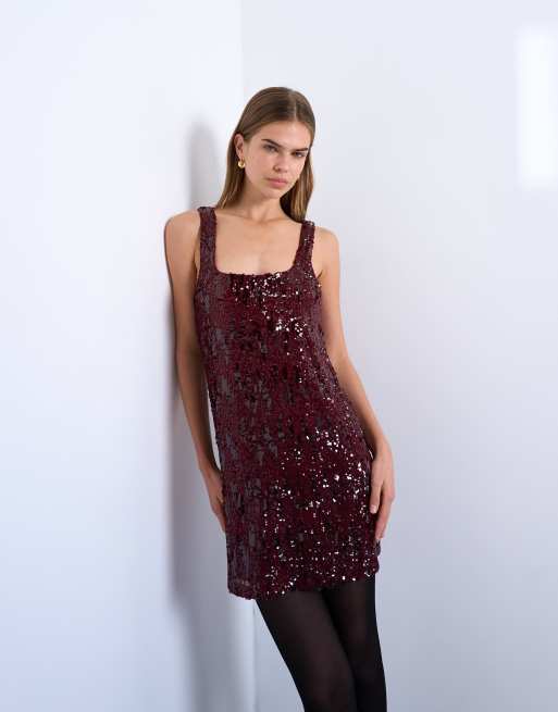 Topshop - Vestito corto bordeaux con scollo rotondo e paillettes