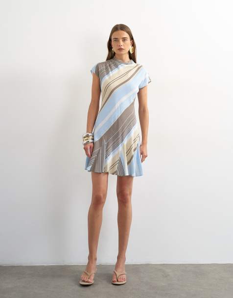 Topshop vestito corto da giorno in viscosa con maniche a kimono a righe blu e grigie - view 1
