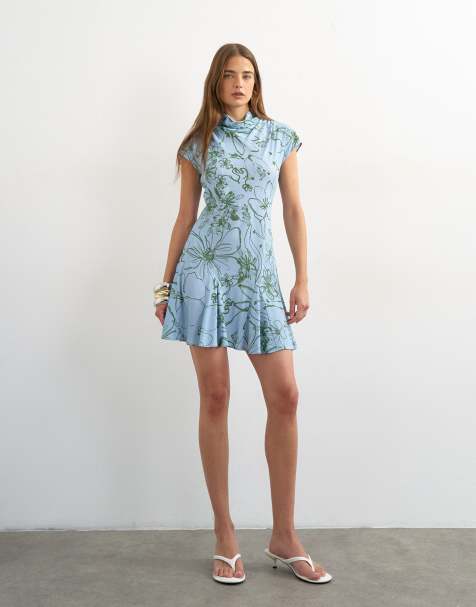 Topshop vestito corto da giorno in viscosa con maniche a kimono, blu e verde, a fiori stilizzati - view 1
