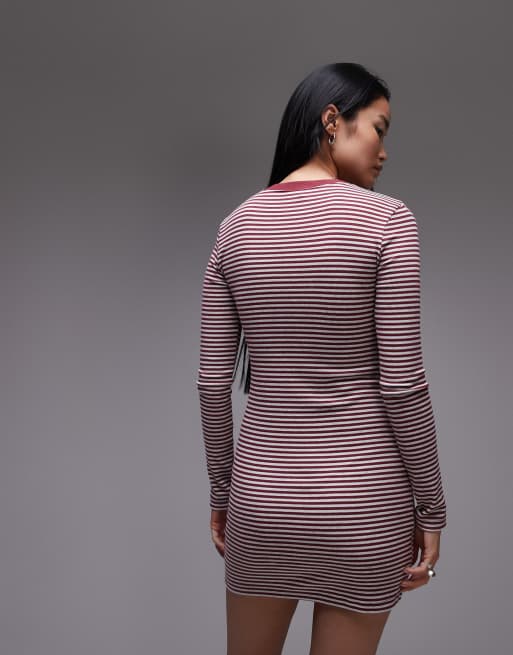 Topshop - Vestito corto girocollo a maniche lunghe bordeaux a righe, 3 di 4