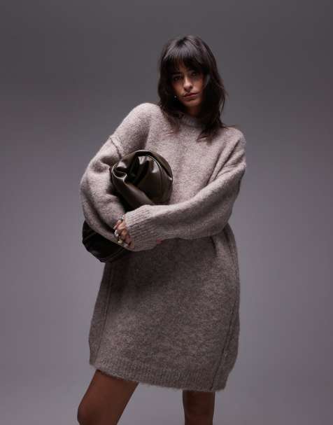 Topshop - Vestito corto girocollo oversize color avena lavorato a maglia con cuciture a vista - view 1