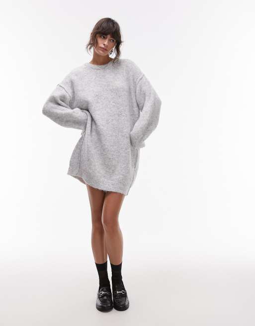 Topshop - Vestito corto girocollo oversize grigio ghiaccio lavorato a maglia con cuciture a vista
