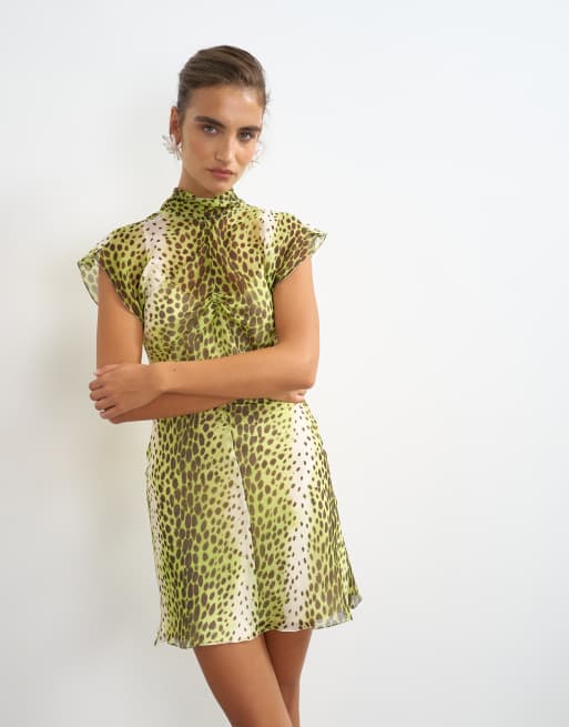 Topshop - Vestito corto in chiffon giallo con stampa animalier e sciarpa, 3 di 4