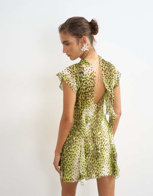 Topshop - Vestito corto in chiffon giallo con stampa animalier e sciarpa, 4 di 4
