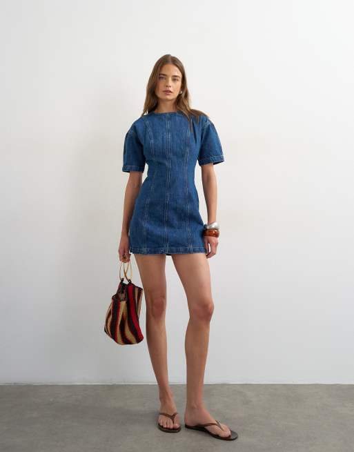 Topshop - Vestito corto in denim a maniche corte blu medio