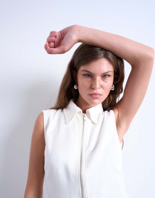 Topshop - Vestito corto in denim bianco senza maniche con colletto, 3 di 4