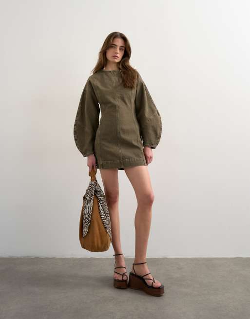 Topshop - Vestito corto in denim con maniche ovoidali kaki, 3 di 4