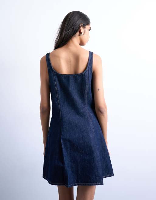 Topshop - Vestito corto in denim indaco rinse wash a pieghe, 3 di 4