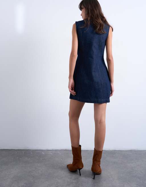 Topshop - Vestito corto in denim indaco risciacquato a portafoglio, 4 di 4