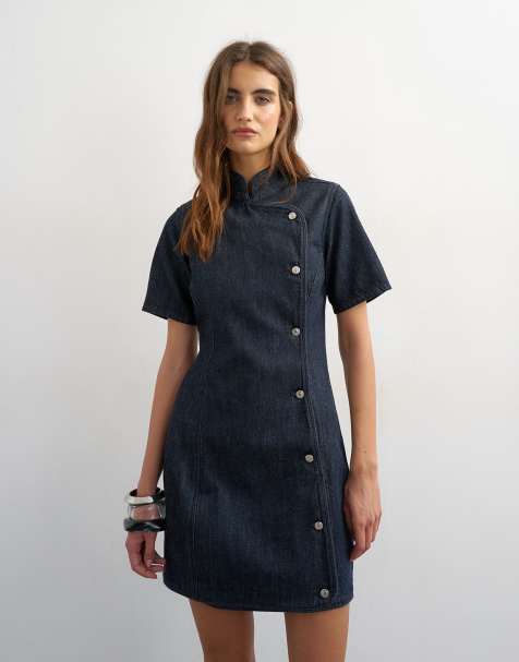 Topshop - Vestito corto in denim indaco risciacquato con colletto alla coreana - view 1