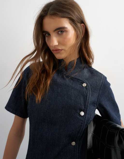 Topshop - Vestito corto in denim indaco risciacquato con colletto alla coreana, 4 di 4