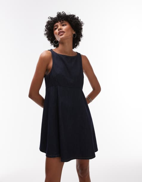 Topshop - Vestito corto in denim lavaggio risciacquato con scollo a barchetta e fondo svasato - view 1