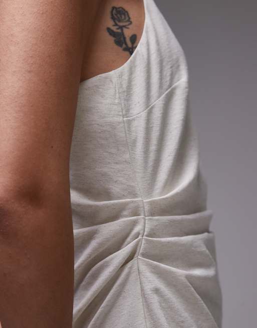 Topshop - Vestito corto in lino neutro allacciato al collo e arricciato, 2 di 4