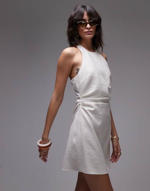 Topshop - Vestito corto in lino neutro allacciato al collo e arricciato, 3 di 4