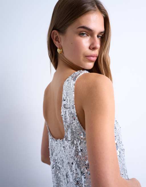 Topshop - Vestito corto in paillettes argento con scollo rotondo, 4 di 4