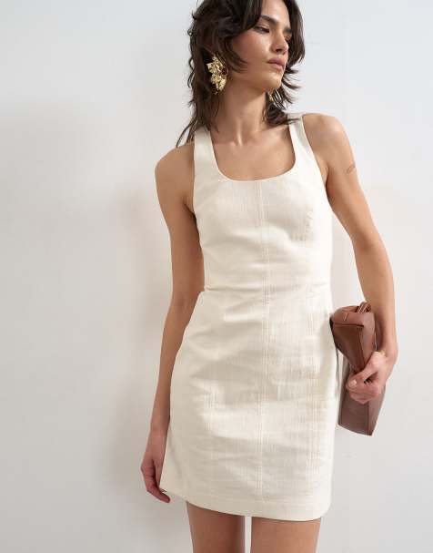 Topshop - Vestito corto in twill di cotone pesante bianco sporco con scollo rotondo e dettaglio cuciture - view 1