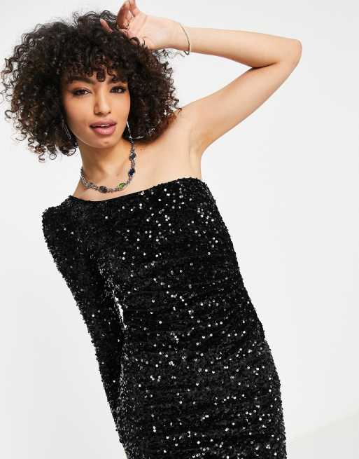 Topshop Vestito corto monospalla in velluto e paillettes nero ASOS
